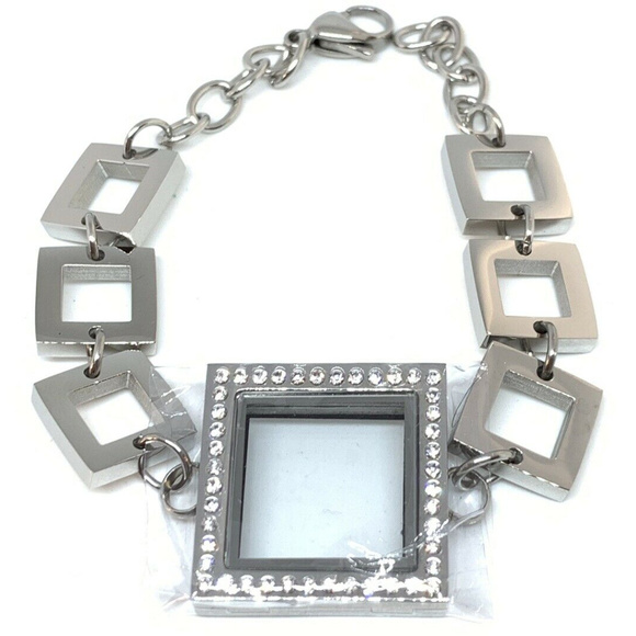 New Silver Rhinestone square link Locket Bracelet - Picture 2 of 8